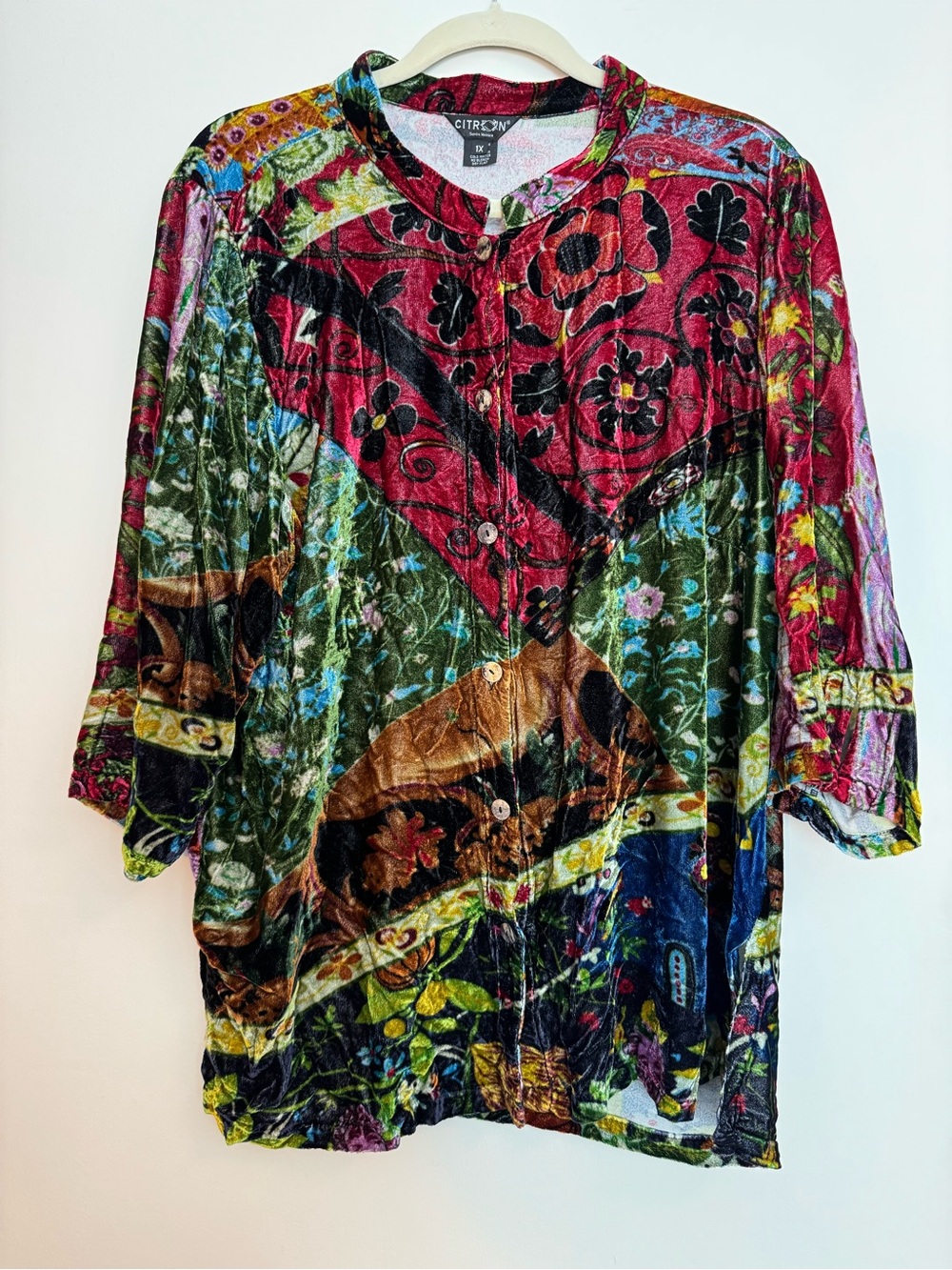 Citron Santa Monica rayon/silk velvet multicolored print blouse, 1x